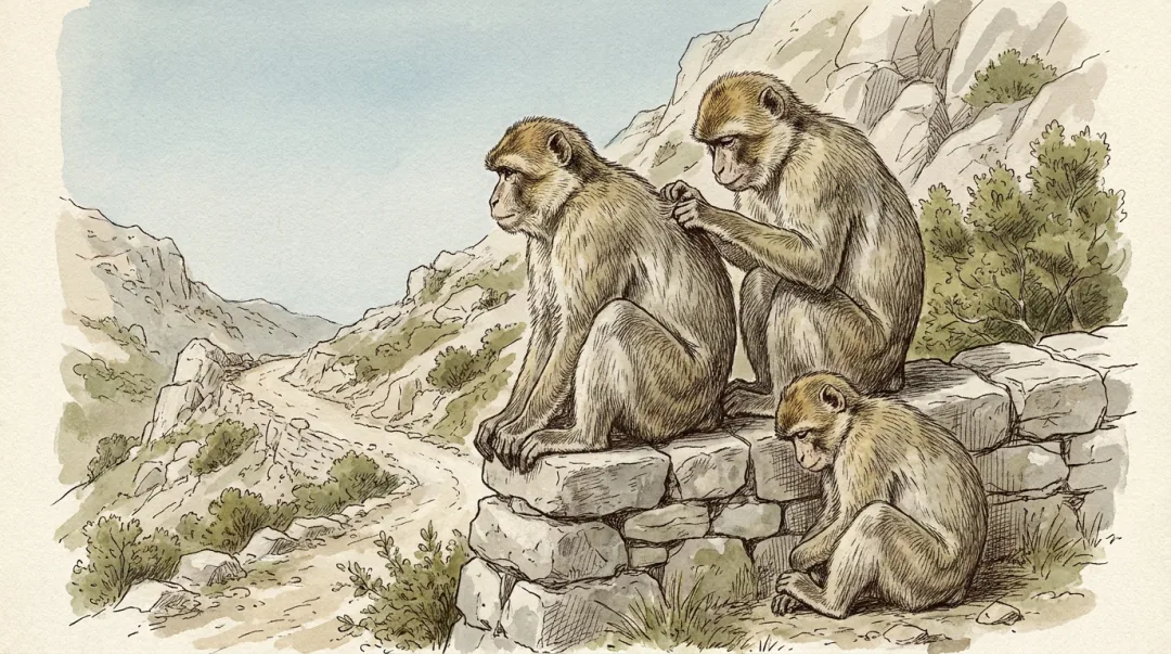 Ink and wash plate of three Barbary macaques on a drystone wall above the Apes' Den path: an adult grooming another's shoulder while a juvenile sits below, with the gravel track and maquis scrub climbing behind them.