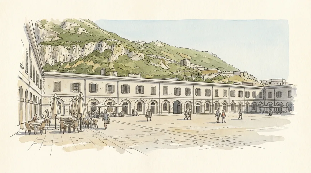 Ink and wash plate of Grand Casemates Square: a wide paved square with the long two-storey Casemates barracks across the far side, a row of round-arched openings at its base and shuttered windows above, cafe tables under parasols along the near edge, and the green slope of the Rock rising behind the roofline.
