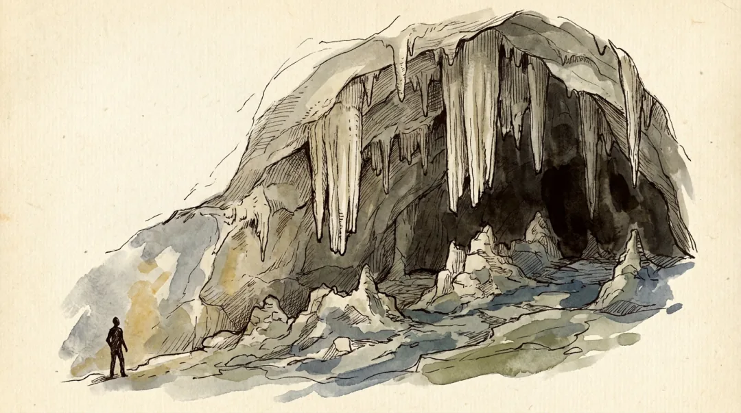 Wash drawing of the main chamber of St Michael's Cave, its stalactite curtains hanging out of a dark roof onto a floor of fallen limestone blocks, with a single small figure at the left edge for scale.