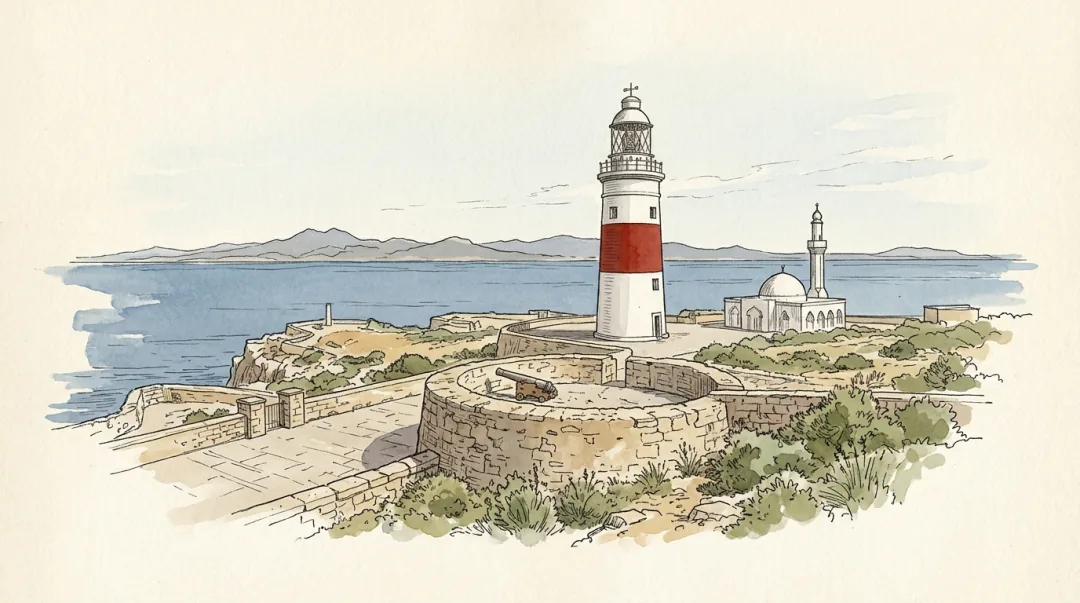 Ink and wash plate of Europa Point: a flat open headland with the lighthouse on it, a white round tower with one broad red band and a glazed lantern on top, the low circular parapet of Harding's Battery with a gun in it, the dome and minaret of the mosque beyond, and the Moroccan mountains as a low band across the horizon.