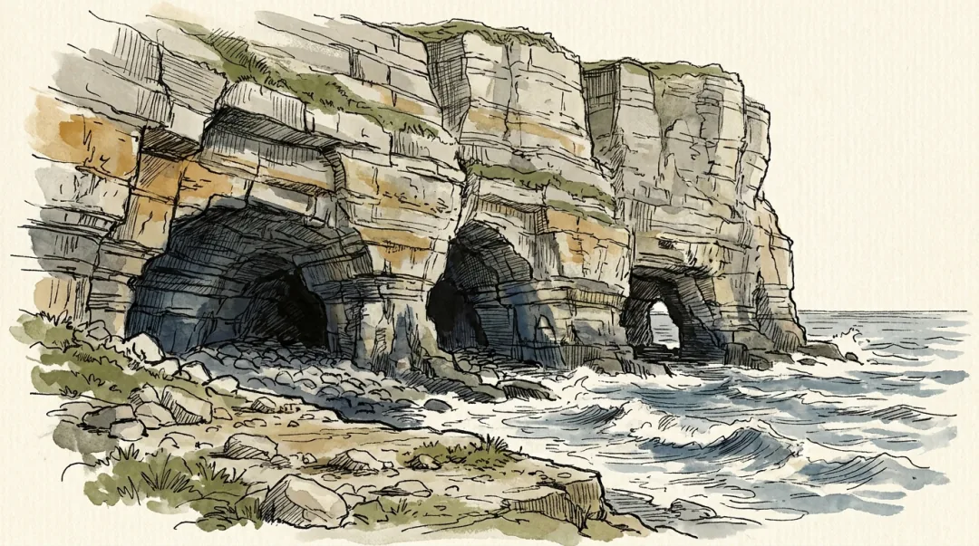 Ink and wash plate of the Gorham's Cave complex on the east face: two dark sea-level cave mouths cut into a banded limestone cliff, with surf breaking over the boulders in front of them.
