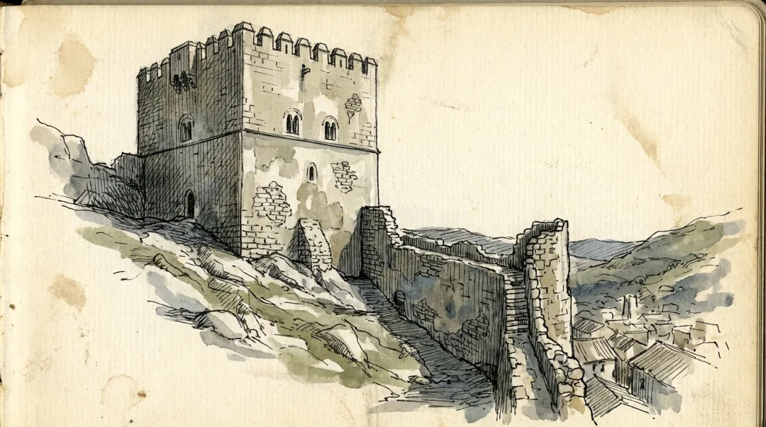 Ink and wash plate of the Moorish Castle's Tower of Homage: a square crenellated keep of rendered stone with the curtain wall running down the slope below it towards the roofs of the town.