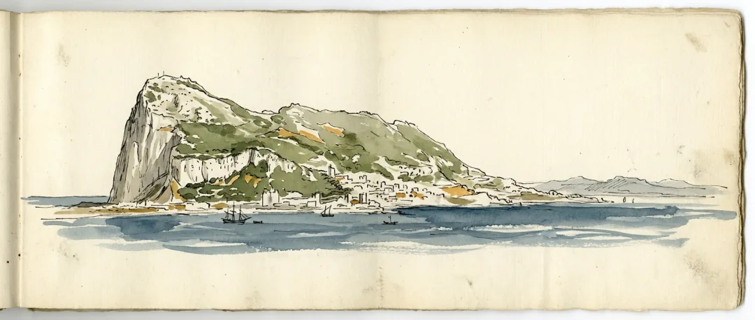 Two-page notebook panorama of the Rock of Gibraltar from the west: the sheer north face on the left, the summit ridge running south and dropping to the low tail at Europa Point, the town along the shoreline, sailing boats in the bay and the Spanish coast as a pale band on the right. The Summit Circle is drawn over it as a dotted ink line with five numbered stops: the cable car top station, Signal Hill, the Skywalk, St Michael's Cave and the Apes' Den, listed in order underneath.