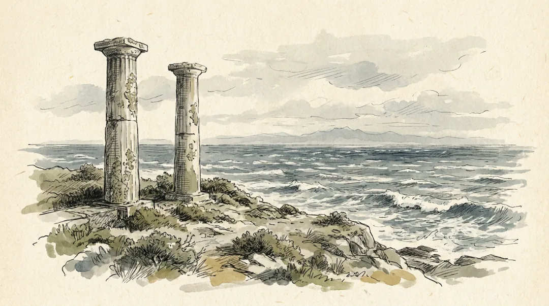 Ink and wash plate of two weathered classical columns standing in coastal scrub above a grey sea: the Pillars of Hercules, with the horizon behind them empty.