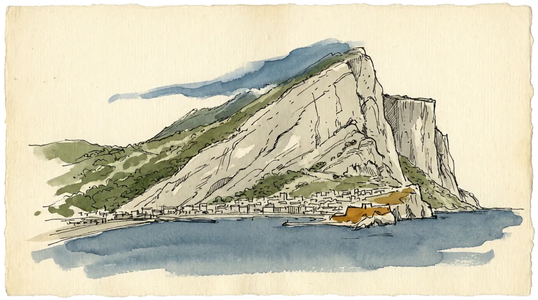 Ink and wash panorama of the Rock of Gibraltar from the north-west: the sheer grey north face at the right, the green scrub of the upper ridge falling away to the left, and the town packed along the shore of the bay below.