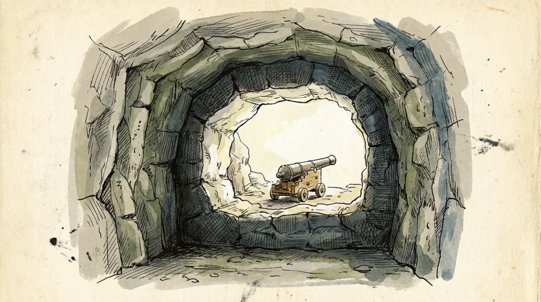 Ink and wash plate looking out through a hand-cut embrasure in the Great Siege Tunnels: a rough limestone arch framing daylight, with a small cannon on a wooden carriage silhouetted in the opening.