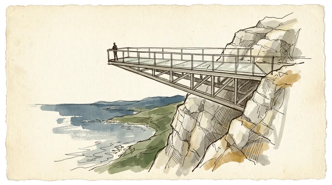 Ink drawing of the Skywalk: a glass-floored steel platform cantilevered out from the ridge on lattice bracing, one figure standing at the rail, the bay and the shoreline far below.