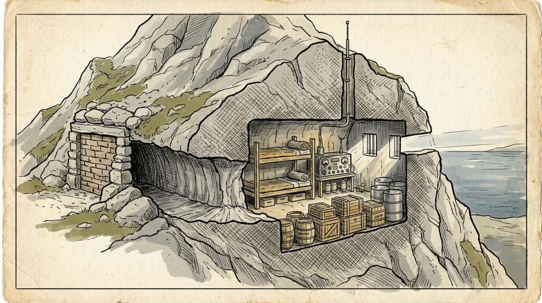Ink cutaway of the sealed Operation Tracer chamber inside the Rock: a bricked-up entrance passage on the left, bunks, crates of stores and a wireless set inside the cut chamber, and a narrow observation slit on the right looking out to sea.