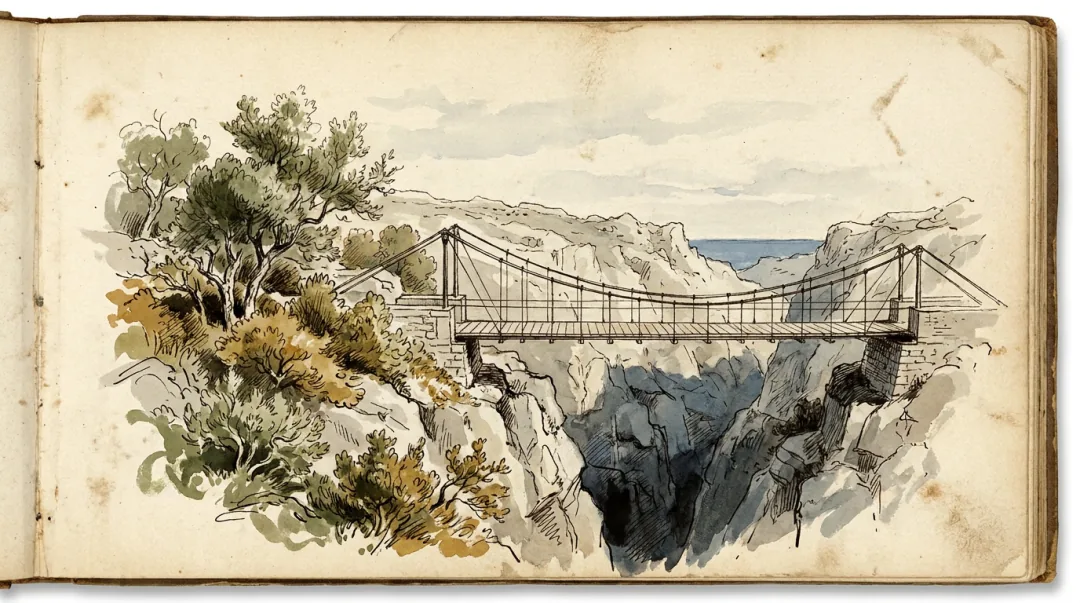 Ink and wash plate of the Windsor Suspension Bridge: a slender cable-stayed footbridge on two masts crossing a deep limestone gorge, with wild olive and yellow-flowered scrub framing the near end.
